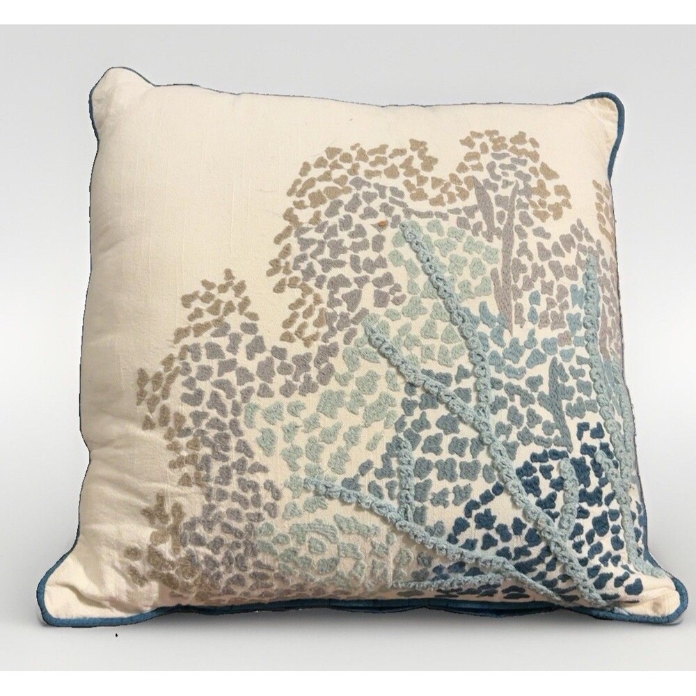 Pier 1 Imports 16” Coastal Embroidered Throw Pillow Teal Blue Cream